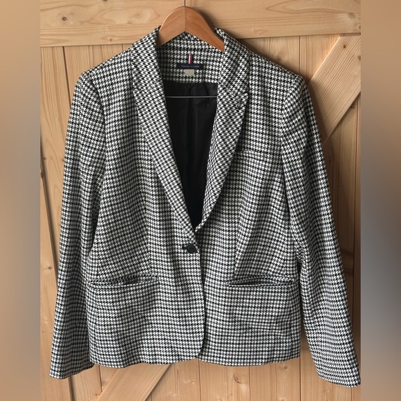 Tommy Hilfiger Elbow Patch Houndstooth Blazer Jacket Women 14 Black NWOT - Picture 1 of 9